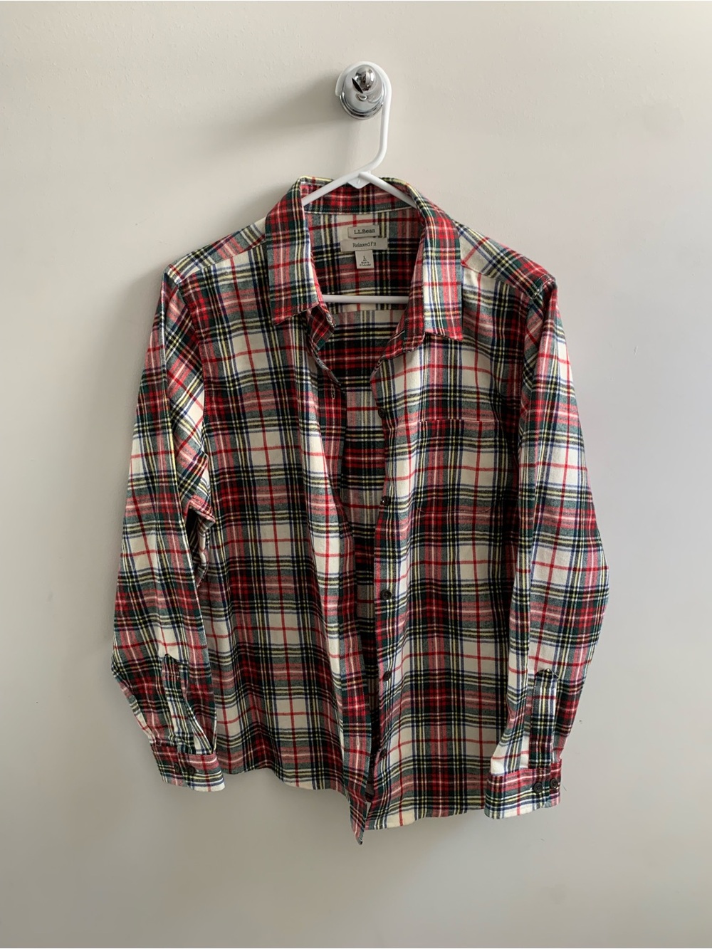 L.L. Bean Women's Scotch Plaid Flannel Shirt Relaxed Fit Large Red White Green